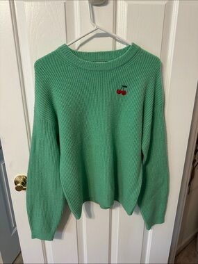 a new day Mint Green Crewneck Sweater with Cherry Embroidery